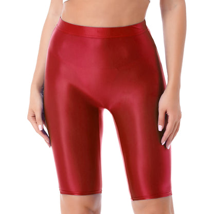 Women's High Waist Swim Shorts - Glossy Athletic Leggings Swimwear - Bascora