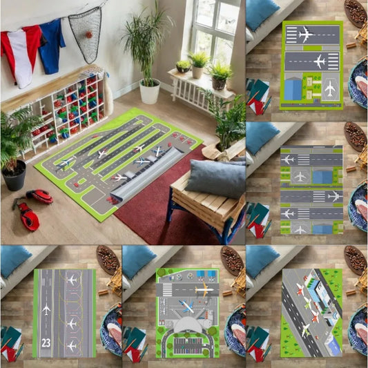 Collage of a children's playroom with an airplane-themed rug and surrounding toys.