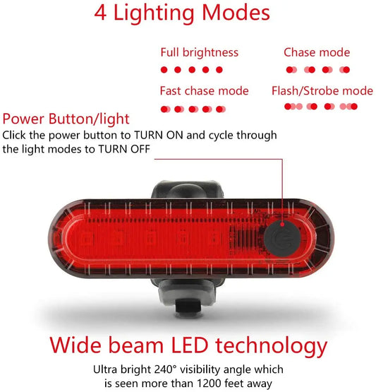 Bicycle light with 4 lighting modes and power button on a white background
