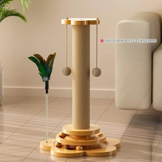 Solid Wood Turntable Cat Toy - Durable Scratching Board | Balls & Stick Toy