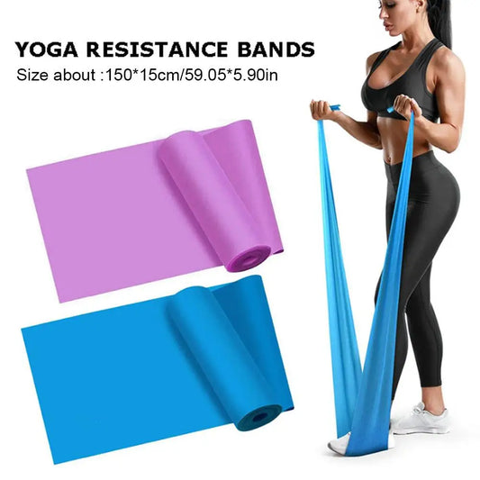 Yoga resistance bands with a woman using them on a white background