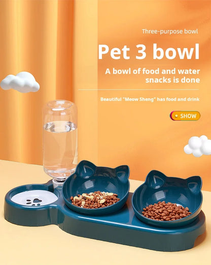 3-in-1 Tilted Pet Bowl Set - Gravity Water Feeder with Neck Protection - Bascora