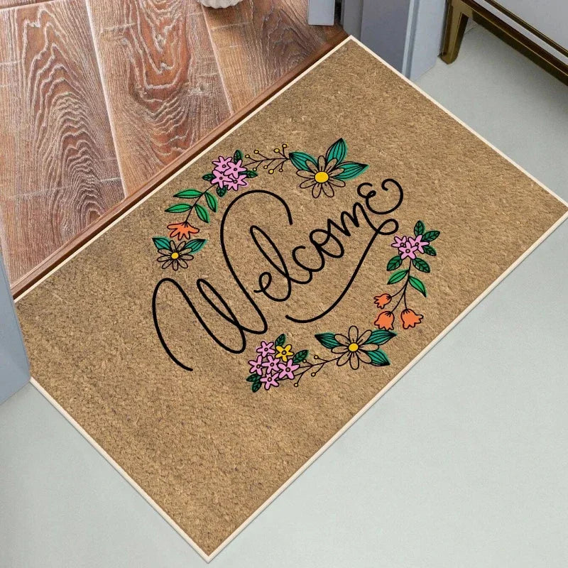 Floral Letter Print Welcome Carpet - Anti-Slip Washable Doormat