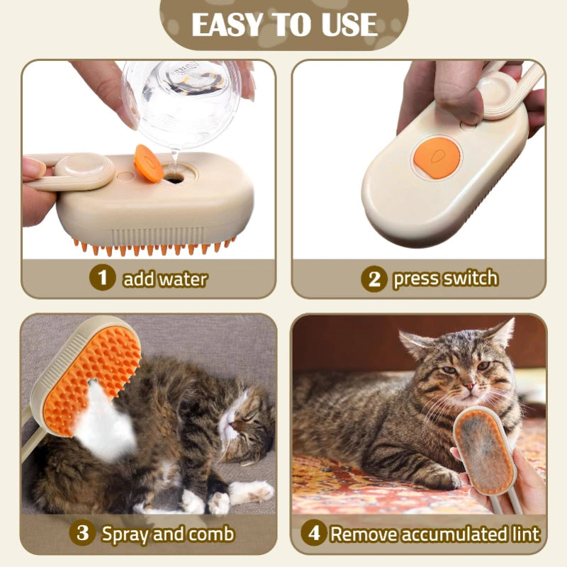 Cepillo de vapor 3 en 1 para gatos: herramienta de aseo, masaje y depilación