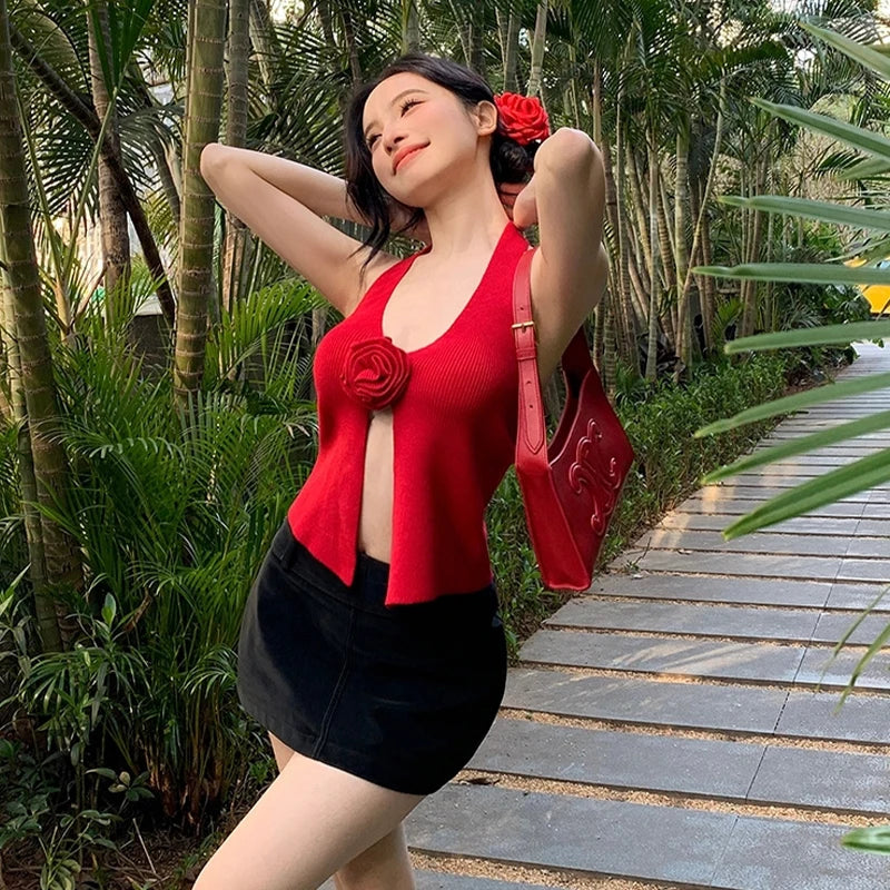 Camisole tricotée à fleurs d'été - Débardeur licou à col en V