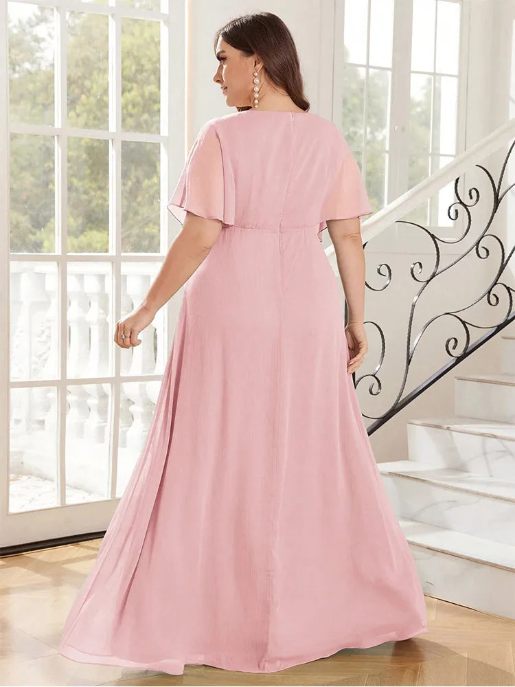 Plus Size Chiffon Evening Dress - V-Neck Bridesmaid Gown