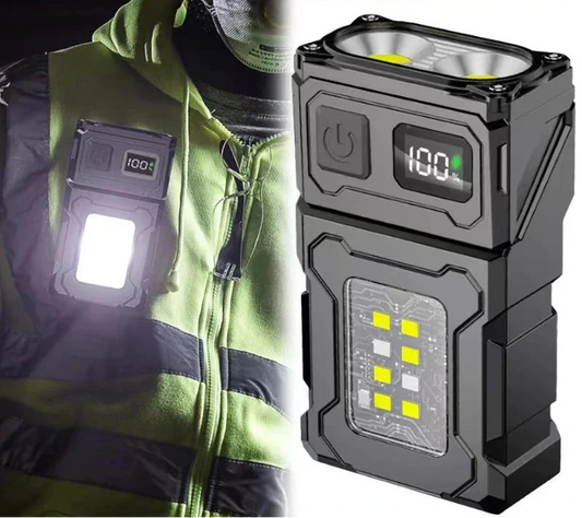 COB Dual Light Source device with digital display and power indicator, shown on a person wearing a reflective jacket.