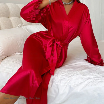2-Piece Lace Kimono Robe Set - Silk Satin Nightgown - Bascora