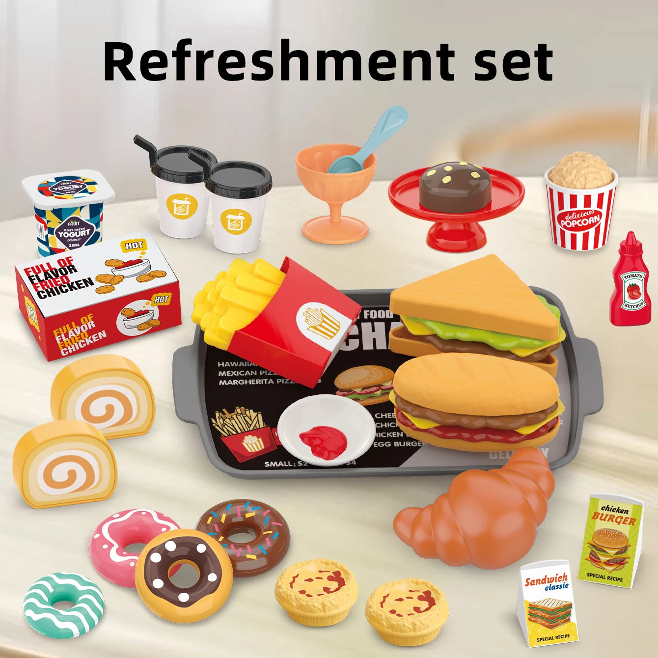 Collection of toy food items including burgers, fries, and drinks on a white surface with 'Refreshment set' text.