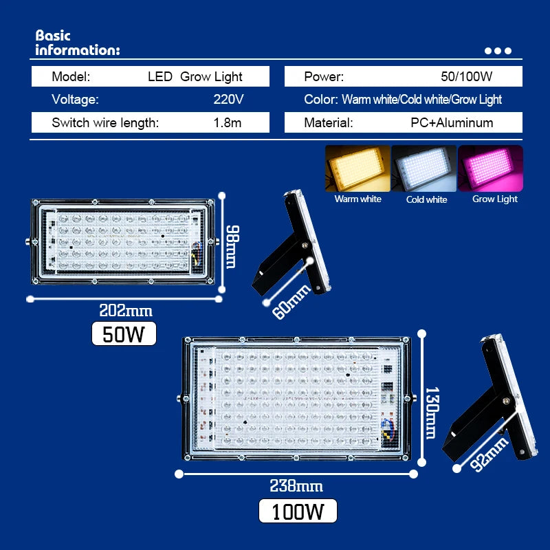 LED Phyto Spotlight 220V - Full Spectrum Hydroponic Plant Light 50W/100W