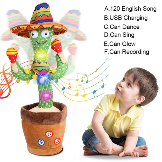 Toy cactus with colorful hat and lights next to a child, featuring text about its features.