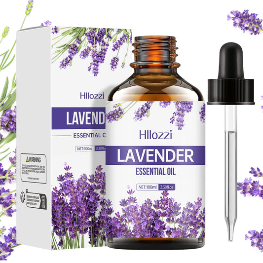 Hlozzi lavender essential oil bottle with dropper and packaging on a lavender flower background