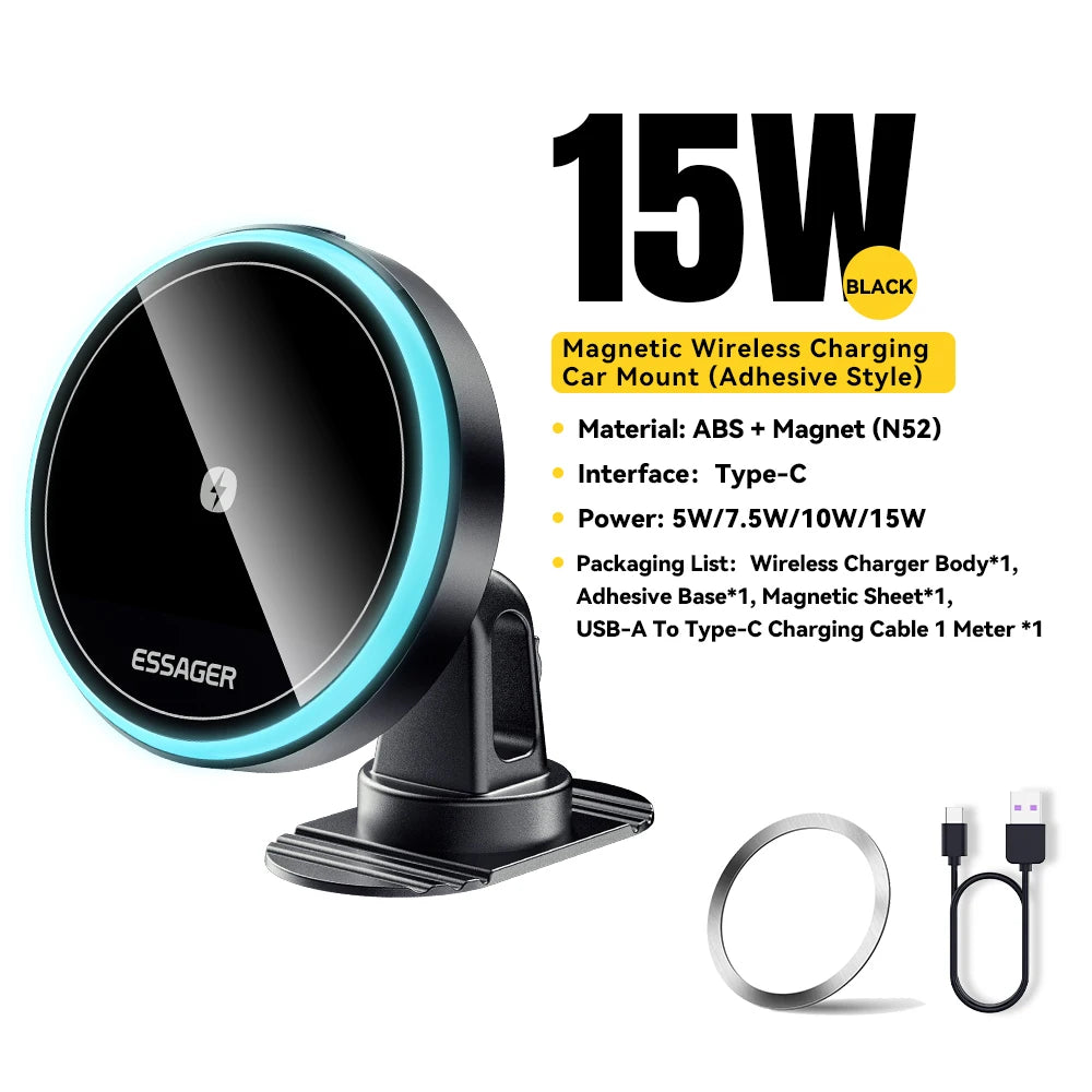 Essager Magnetic Wireless Charger 15W - RGB Car Mount