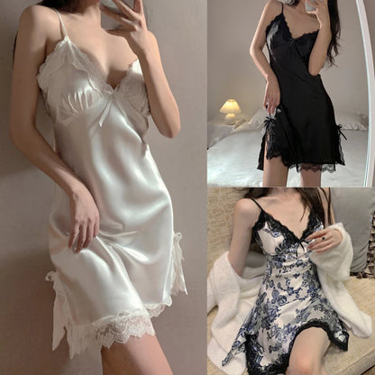 Women's Lace V-Neck Nightdress - Sleeveless Sleepwear - Bascora