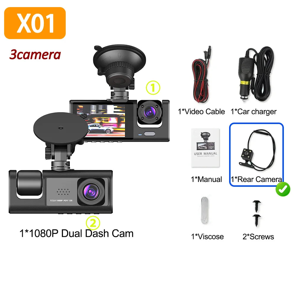 Caméra embarquée DVR 1080p avec 3 caméras | Vision nocturne | GPS