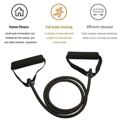 Black resistance band with text describing its features on a white background