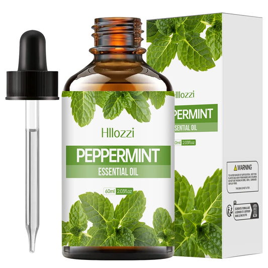 Hilozzi peppermint essential oil bottle with dropper and packaging on a white background