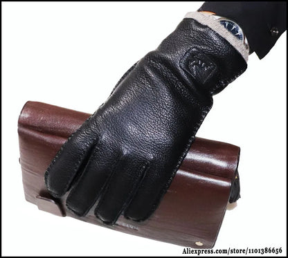 Guantes de piel auténtica de ciervo con textura - Unisex con forro de lana