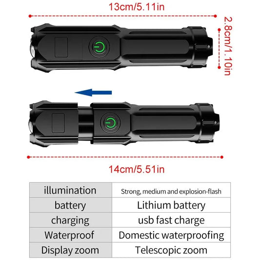 Tactical LED Flashlight - Rechargeable 100000 Lumen