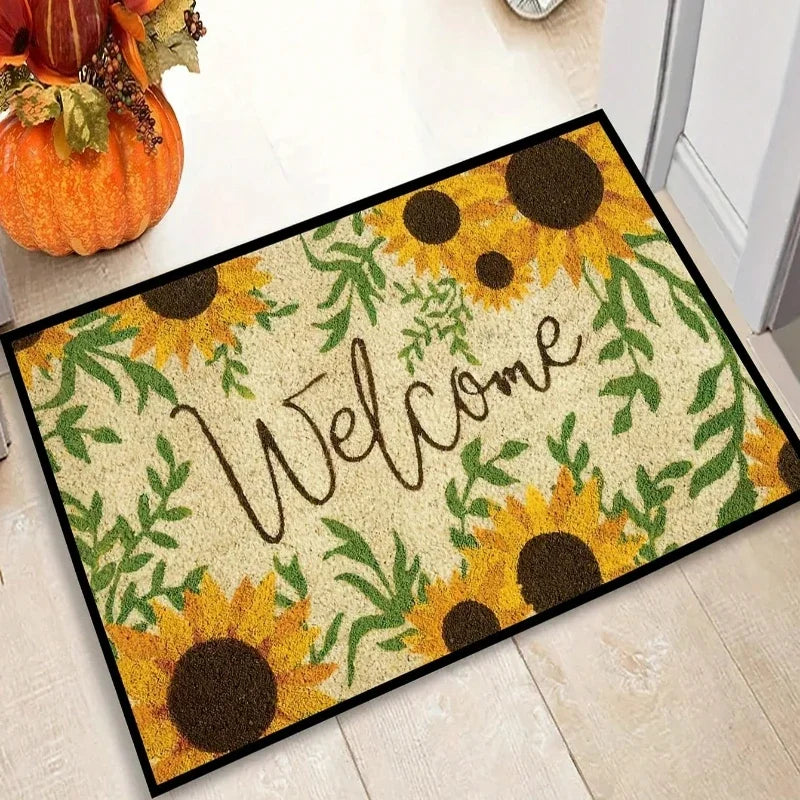 Floral Letter Print Welcome Carpet - Anti-Slip Washable Doormat