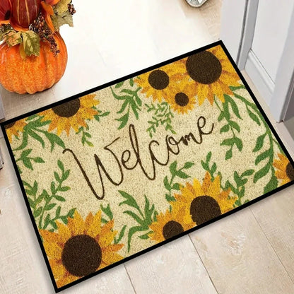 Floral Letter Print Welcome Carpet - Anti-Slip Washable Doormat - Bascora