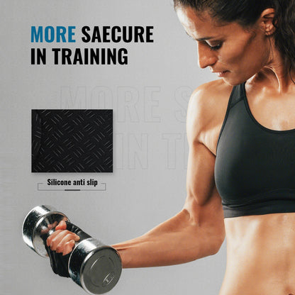 Woman lifting a dumbbell with text about silicone anti-slip material on a gray background