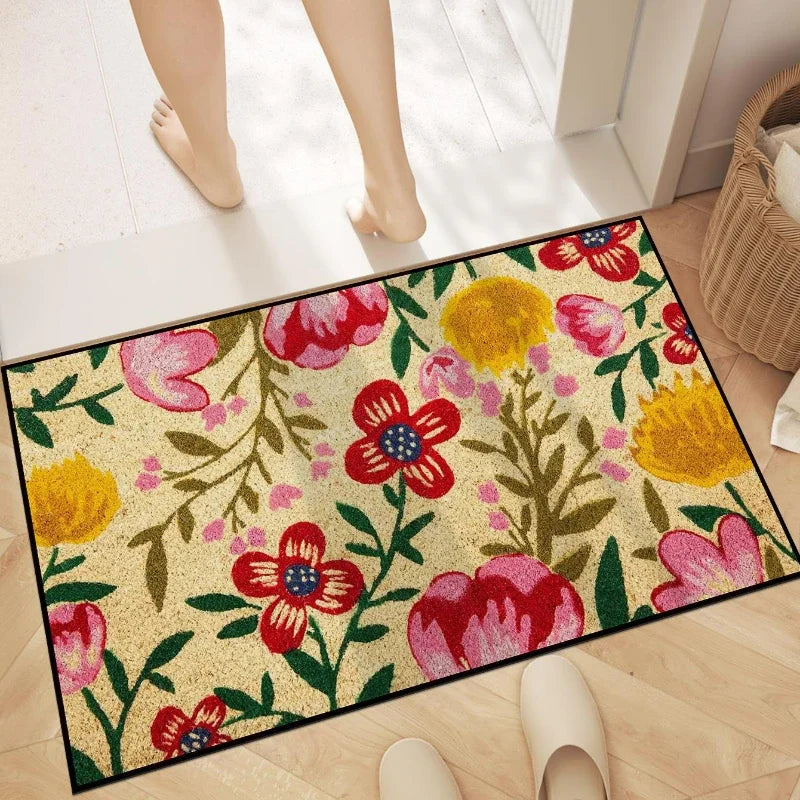 Floral Letter Print Welcome Carpet - Anti-Slip Washable Doormat