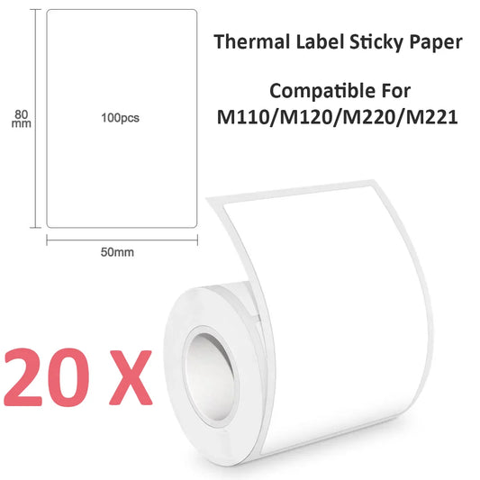 Roll of thermal label sticky paper with dimensions and compatibility information on a white background