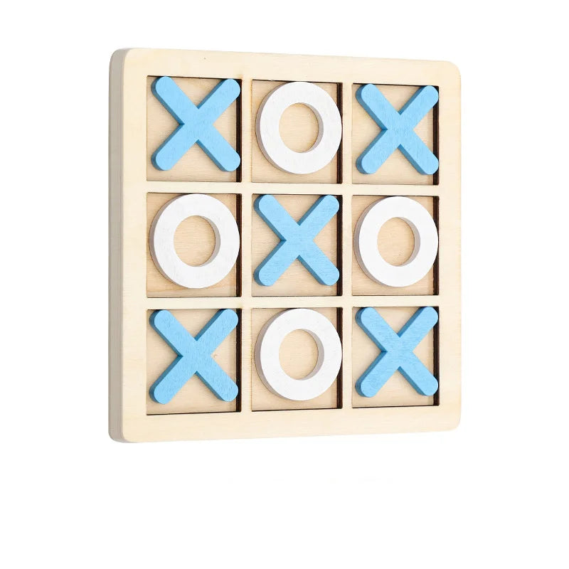 Wooden tic-tac-toe game with blue and white pieces on a beige background
