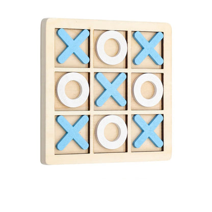 Wooden tic-tac-toe game with blue and white pieces on a beige background