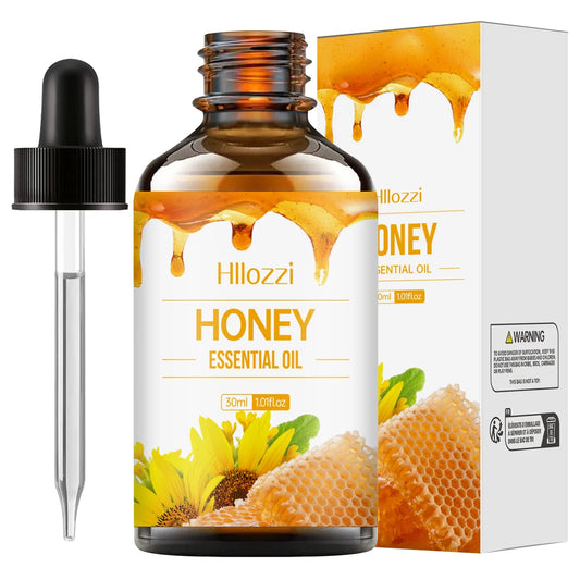 Hillozzi Honey Essential Oil bottle with dropper and packaging on a white background