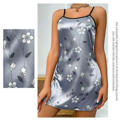 Floral Print Satin Nightgown - Backless Slip Night Dress - Bascora