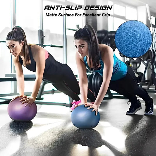 Two women exercising with stability balls in a gym setting, with an inset showing the ball's anti-slip design.