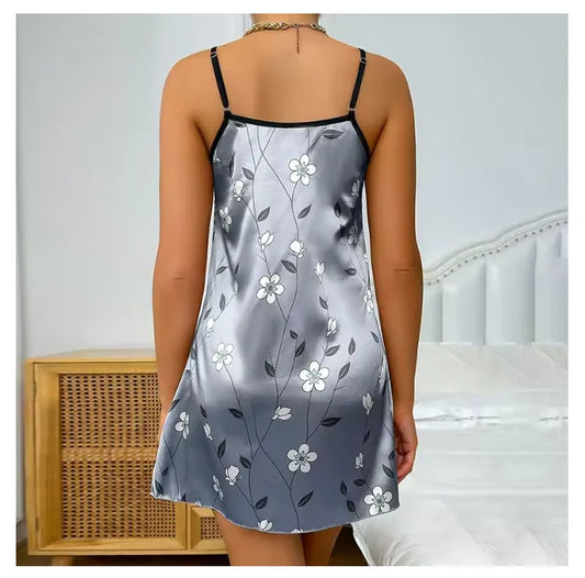Floral Print Satin Nightgown - Backless Slip Night Dress