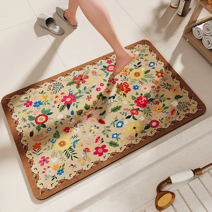 Diatomaceous Earth Stone Bath Mat - Flower Design Quick-Drying Carpet - Bascora