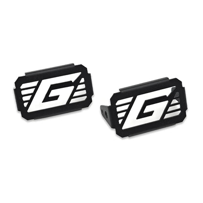 Two black metal brackets with a white logo on a white background