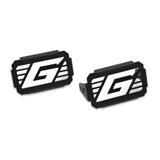 Two black metal brackets with a white logo on a white background