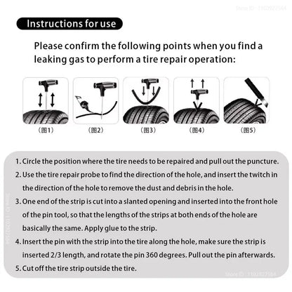 Instructions for tire repair with diagrams and text on a white background