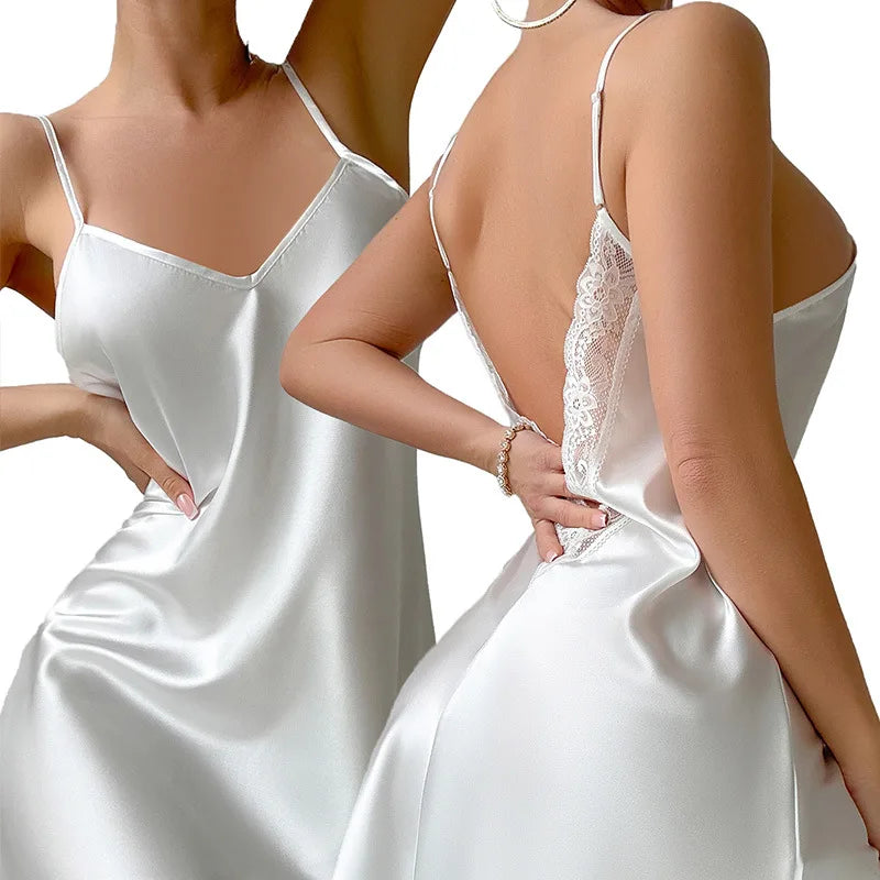 Lace Satin Slip Nightgown - Backless Spaghetti Strap Dress