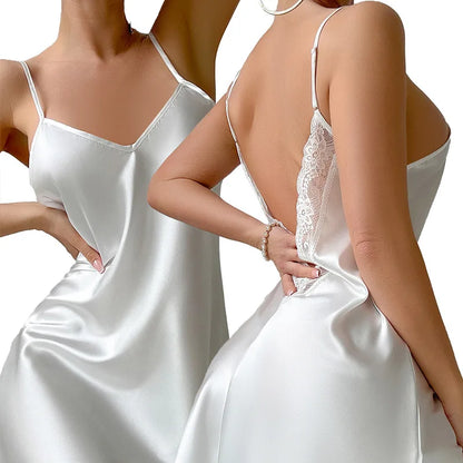 Lace Satin Slip Nightgown - Backless Spaghetti Strap Dress - Bascora