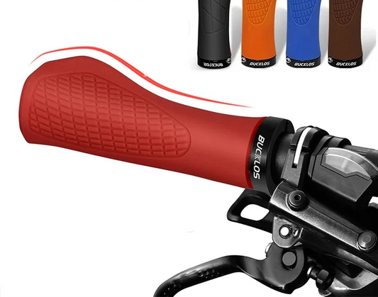 Bucklos soft rubber handlebar grips in various colors with brand name on a white background.