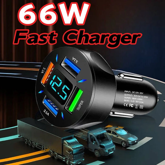 Fast Charging Car Charger - 4 USB Ports, 3.1A, LED Display