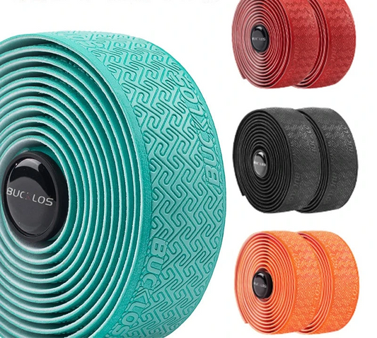 Bicycle rim tape in teal, red, black, and orange with BUCKLOS branding.