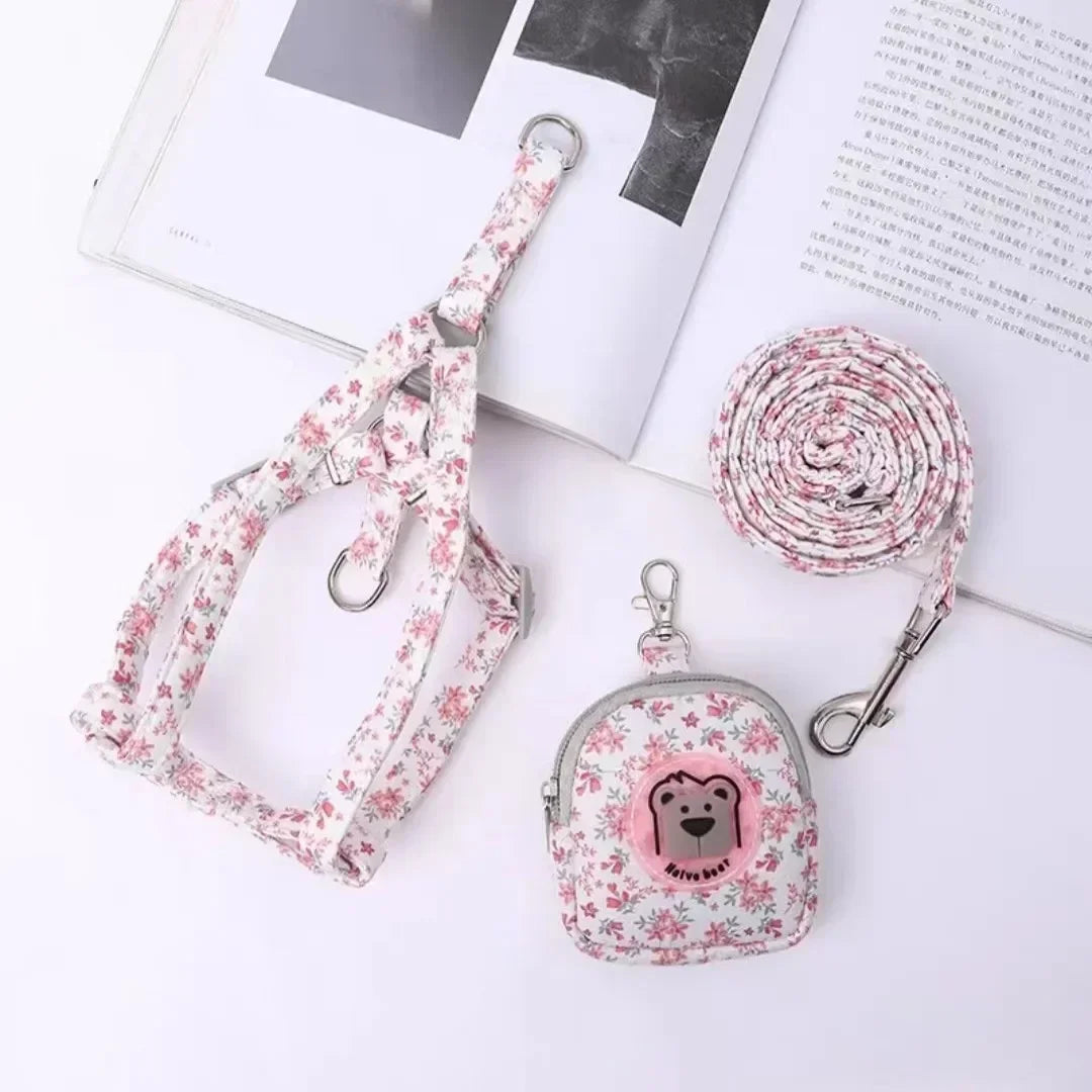 Pet Chest Harness Leash Set - Floral Backpack