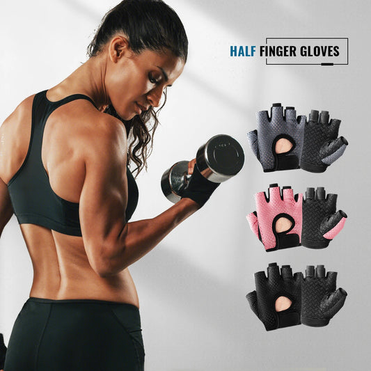 Woman exercising with dumbbells wearing half-finger gloves on a white background