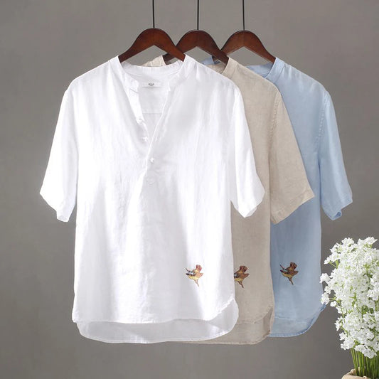 Men's Linen Bird Embroidery T-Shirt - V-Neck Street Fashion