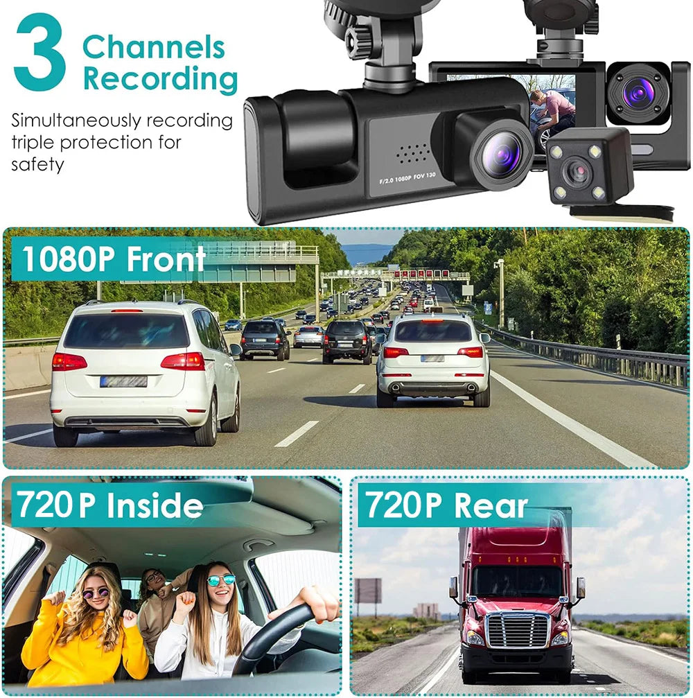 Caméra embarquée DVR 1080p avec 3 caméras | Vision nocturne | GPS