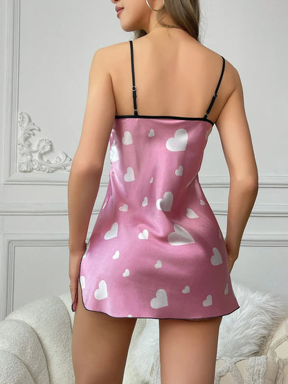 Love Print Silk Slip Nightdress - V-Neck Elegant Sleepwear - Bascora