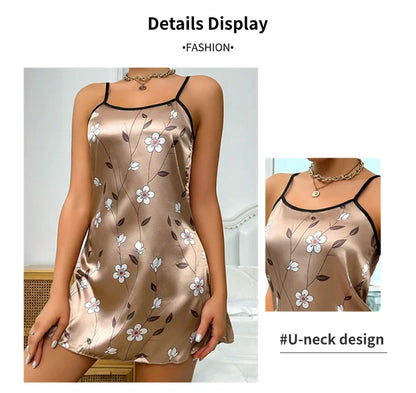 Floral Print Satin Nightgown - Backless Slip Night Dress - Bascora