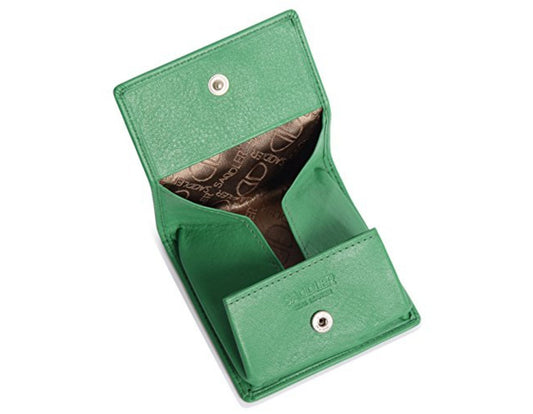 Green leather wallet with a patterned interior on a white background